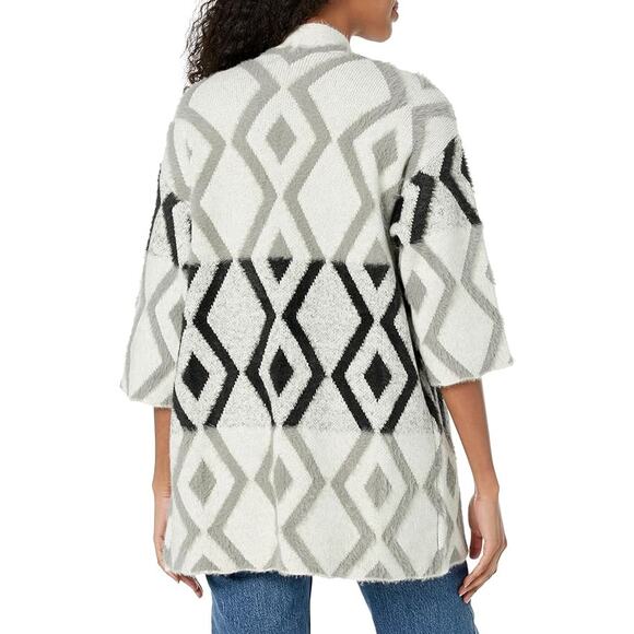 Multiples Gray Black White Three Quarter Sleeve Drop Shoulder Knit Open Cardigan - Picture 2 of 12